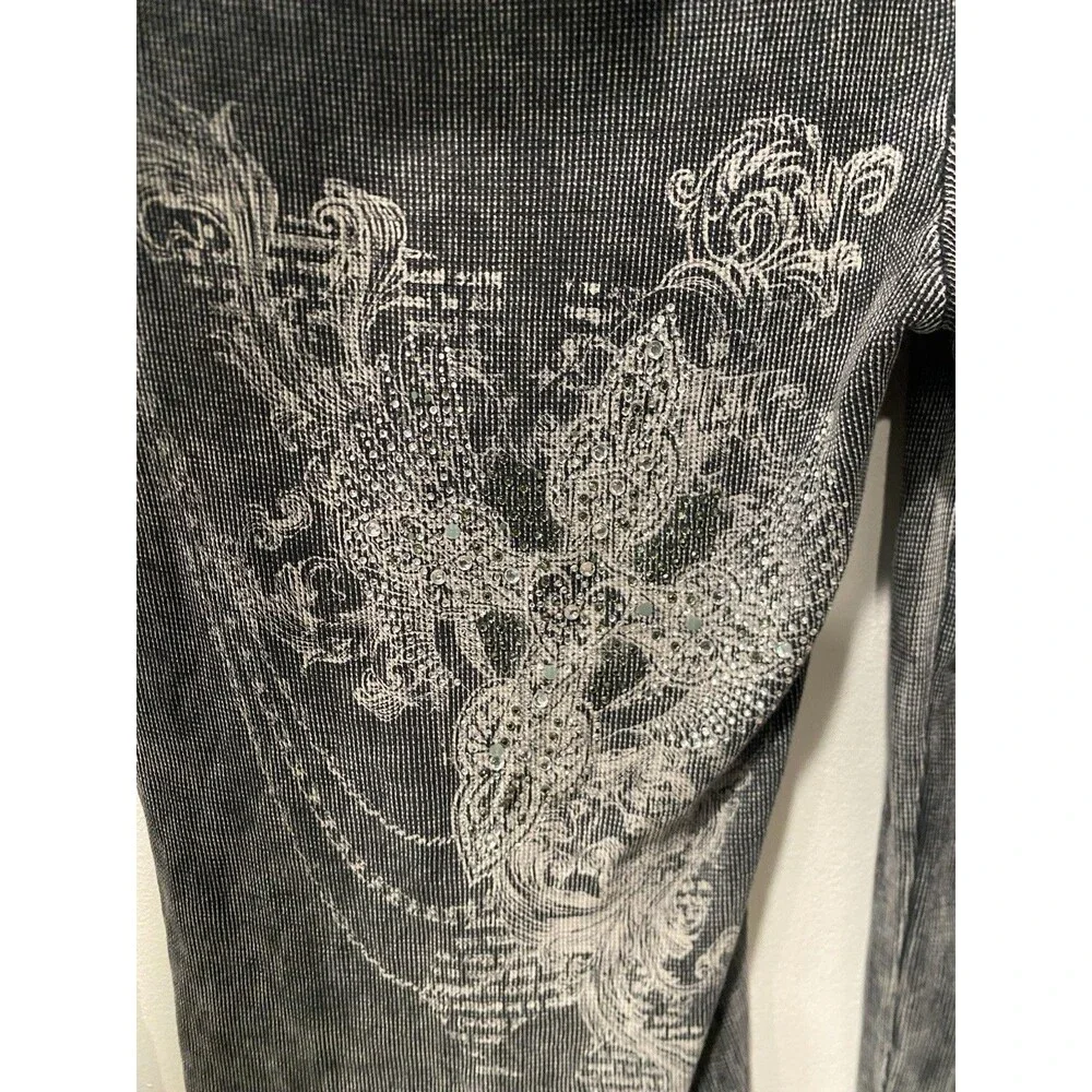 Vtg Y2K stonewashed Graphic Thermal Henley Hoodie Rhinestone embellished Sz M